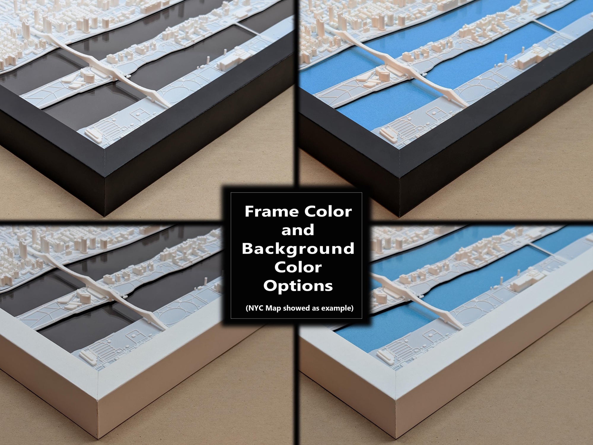 Four corner images of the Chicago 3D Map wall art in a frame show different frame (black, white) and background (blue, gray) color combinations, with a central label: “Frame Color and Background Color Options.”.