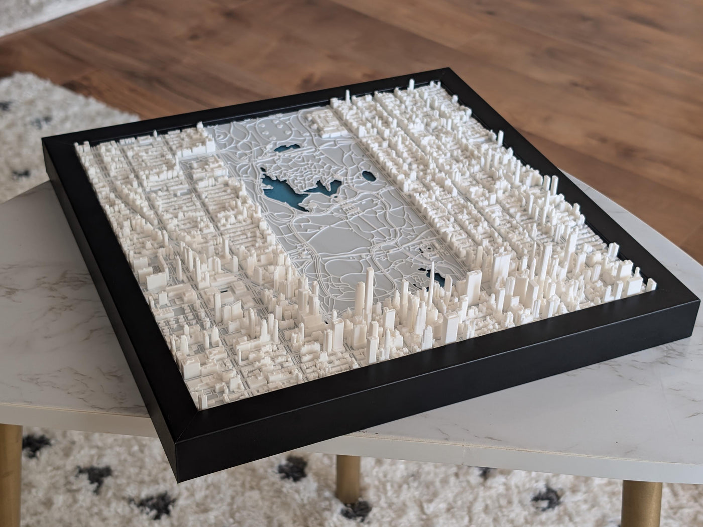 A framed 3D map of the southern half of Central Park, featuring detailed relief and iconic landmarks, displayed on a table.